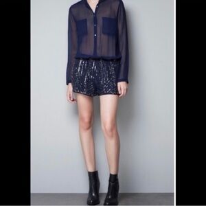 NWT Zara Trafaluc Sheer Blue Sequin Romper / Jumpsuit / Sequin Romper Shorts